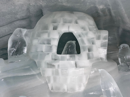 Skulpturen aus Eis im Eispalast: ein Iglu und Pinguine